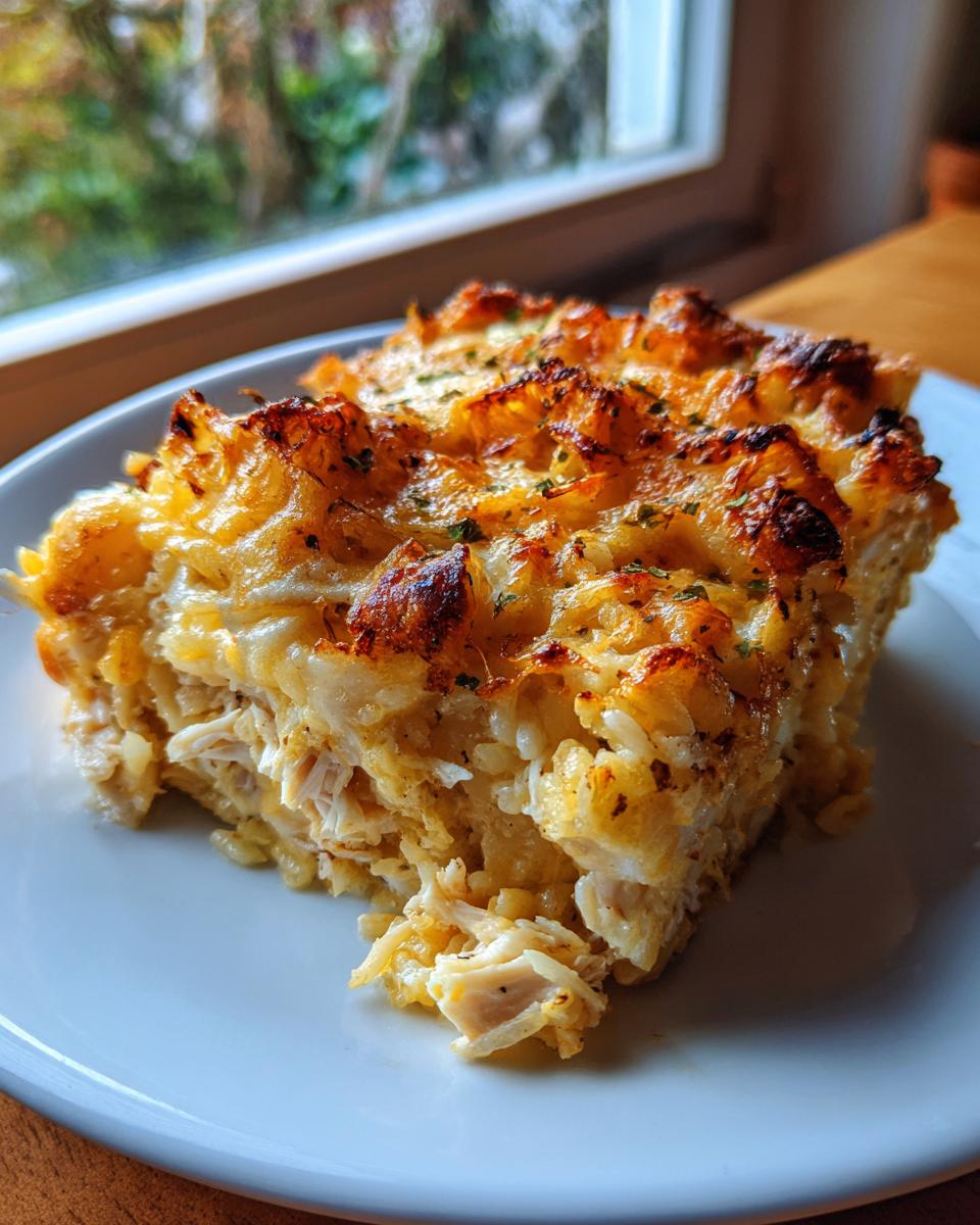 A square serving of baked angel chicken rice casserole with a golden, cheesy crust, served on a white plate.