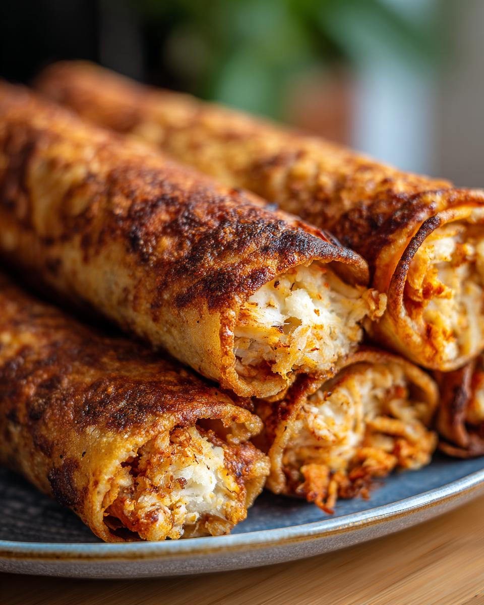 Close-up of golden brown, crispy baked chicken taquitos filled with shredded chicken and cheese.