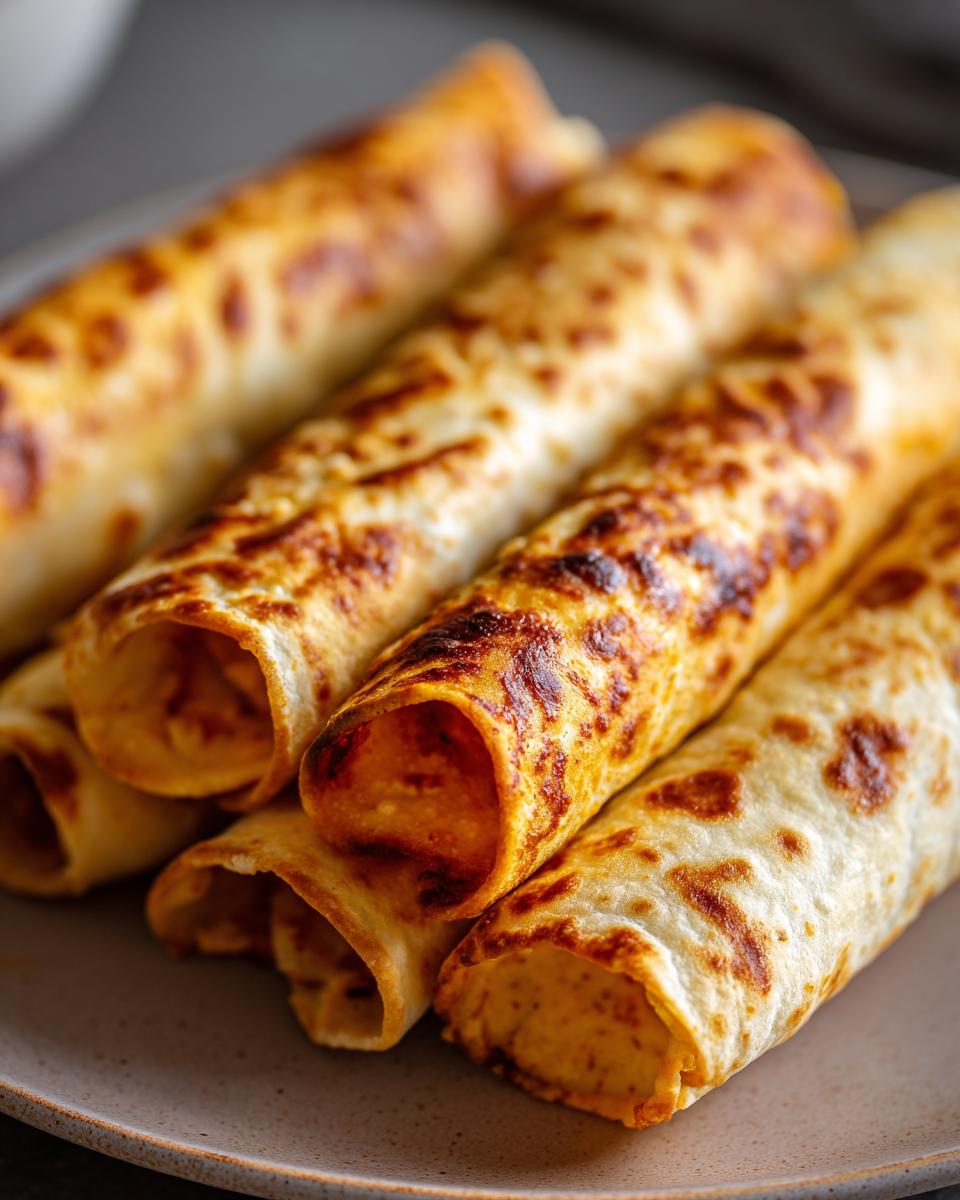 Close-up of golden-brown baked chicken taquitos, tightly rolled and slightly charred on a light brown plate.