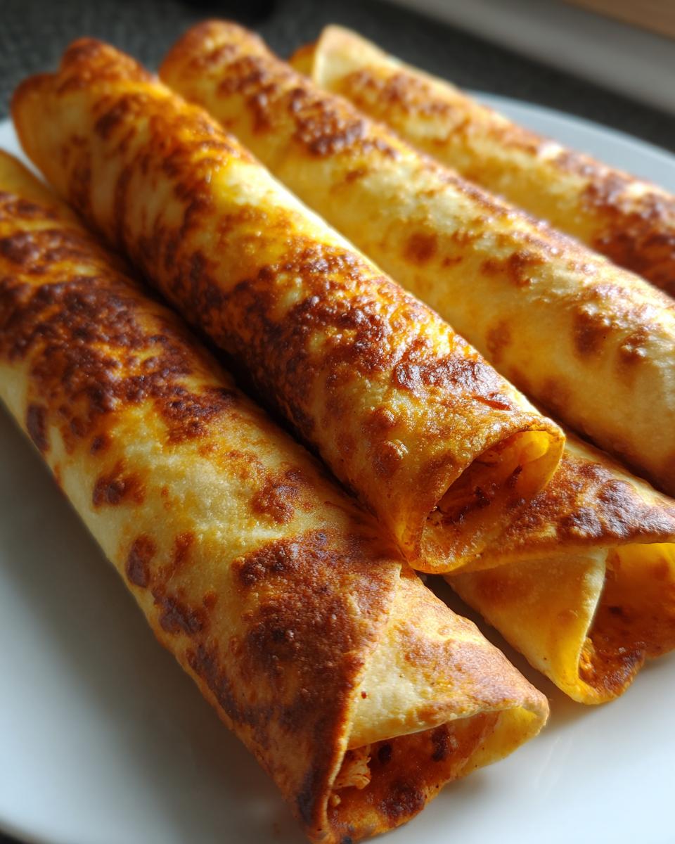 Close-up of golden-brown baked chicken taquitos arranged on a white plate, showing their crispy texture.