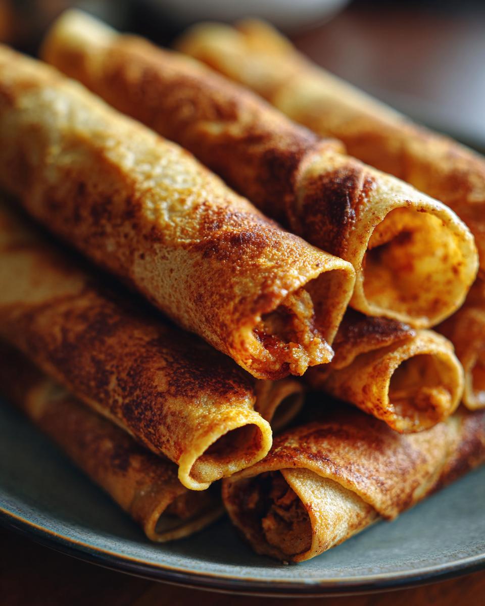 A close-up stack of golden-brown baked chicken taquitos, showing the crispy texture and filling.