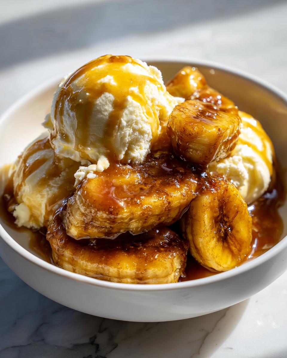 Close-up of bananas foster served with scoops of vanilla ice cream drizzled with caramel sauce.