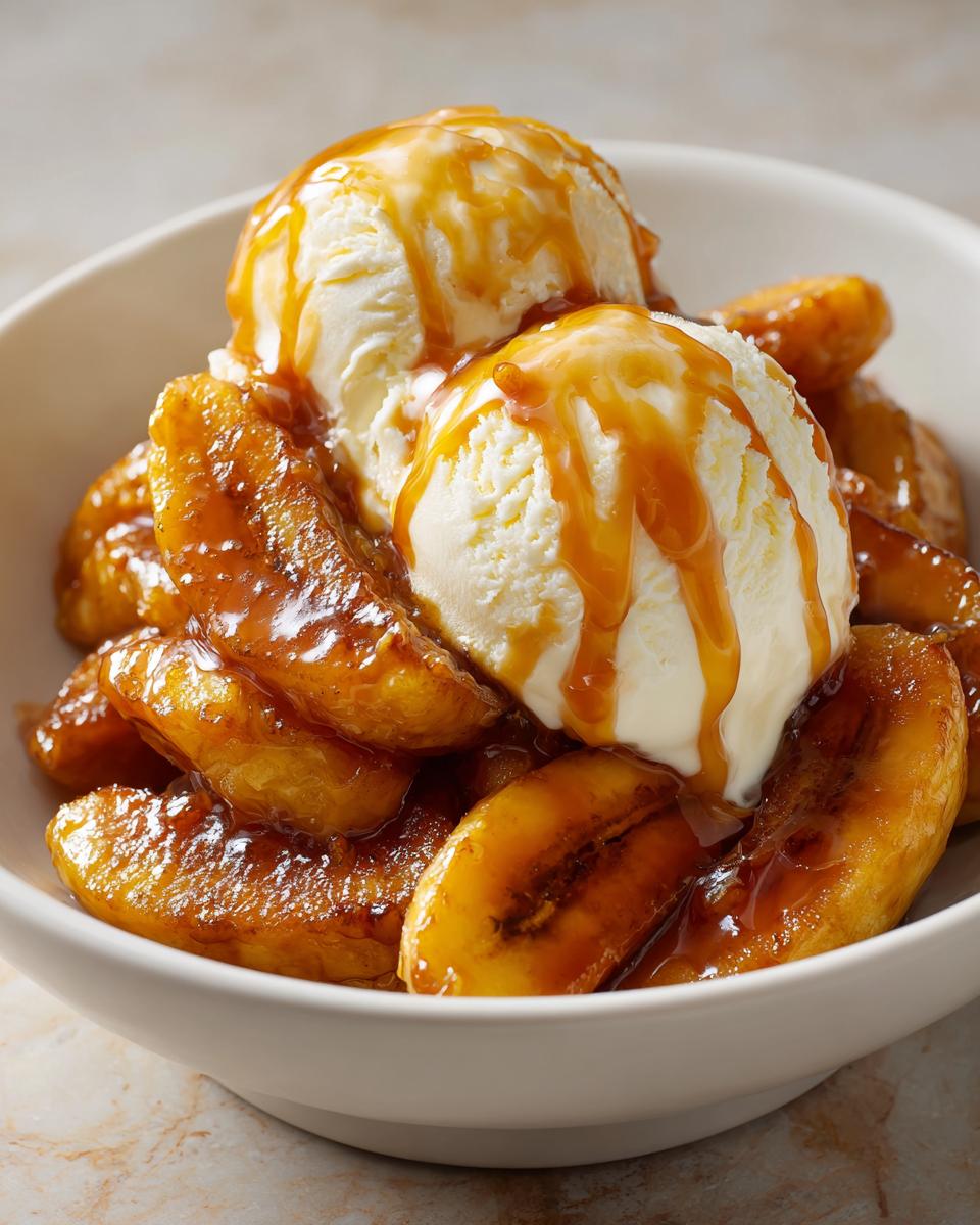 Two scoops of vanilla ice cream topped with caramel sauce over warm, caramelized bananas foster in a white bowl.
