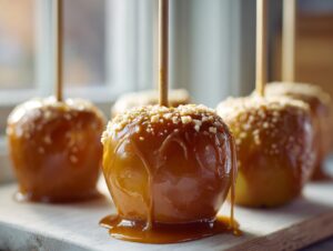 Close-up of a gooey caramel apple dipped in nuts, dripping rich caramel sauce.