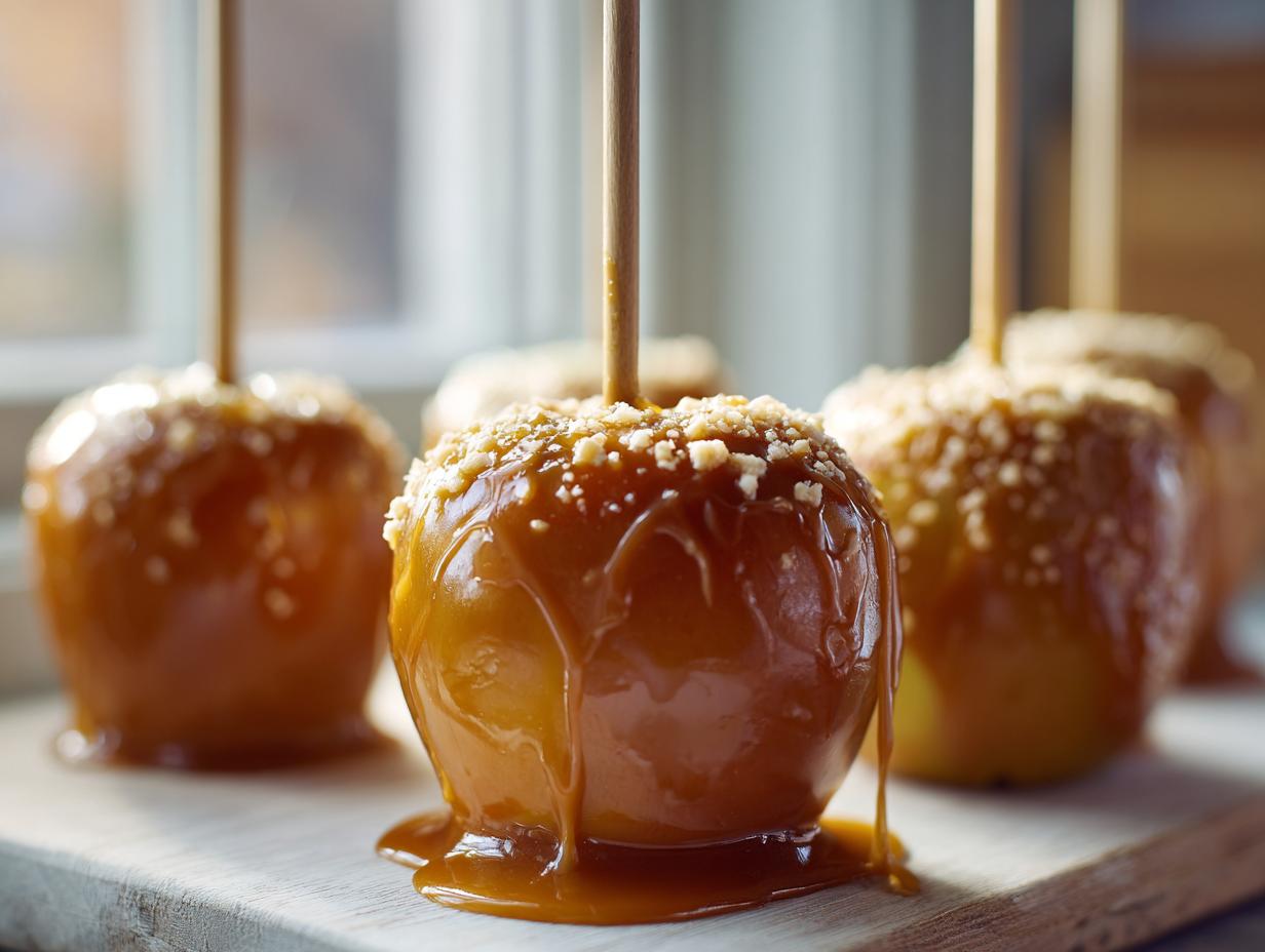 Close-up of a gooey caramel apple dipped in nuts, dripping rich caramel sauce.