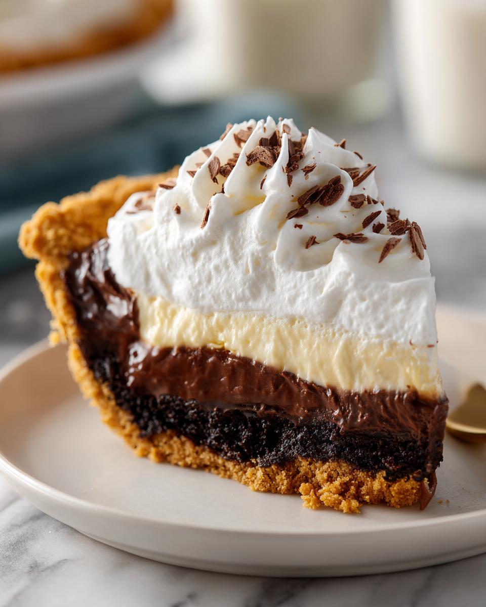 A decadent slice of black bottom pie with layers of chocolate cake, chocolate pudding, vanilla custard, and whipped cream, topped with chocolate shavings.