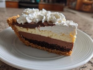 A decadent slice of black bottom pie with layers of chocolate, vanilla, and whipped cream on a white plate.