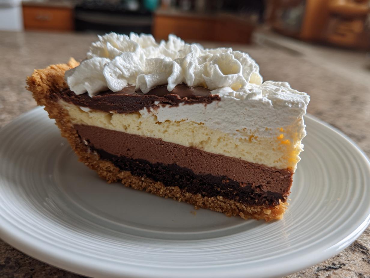 A decadent slice of black bottom pie with layers of chocolate, vanilla, and whipped cream on a white plate.