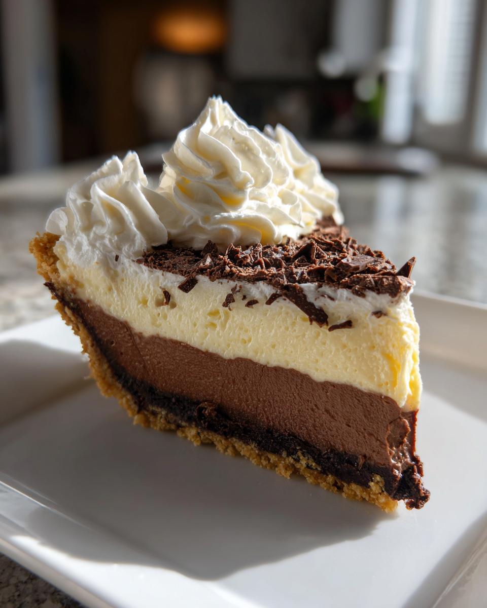 A decadent slice of black bottom pie featuring a chocolate crust, rich chocolate filling, creamy vanilla layer, and whipped cream topping.