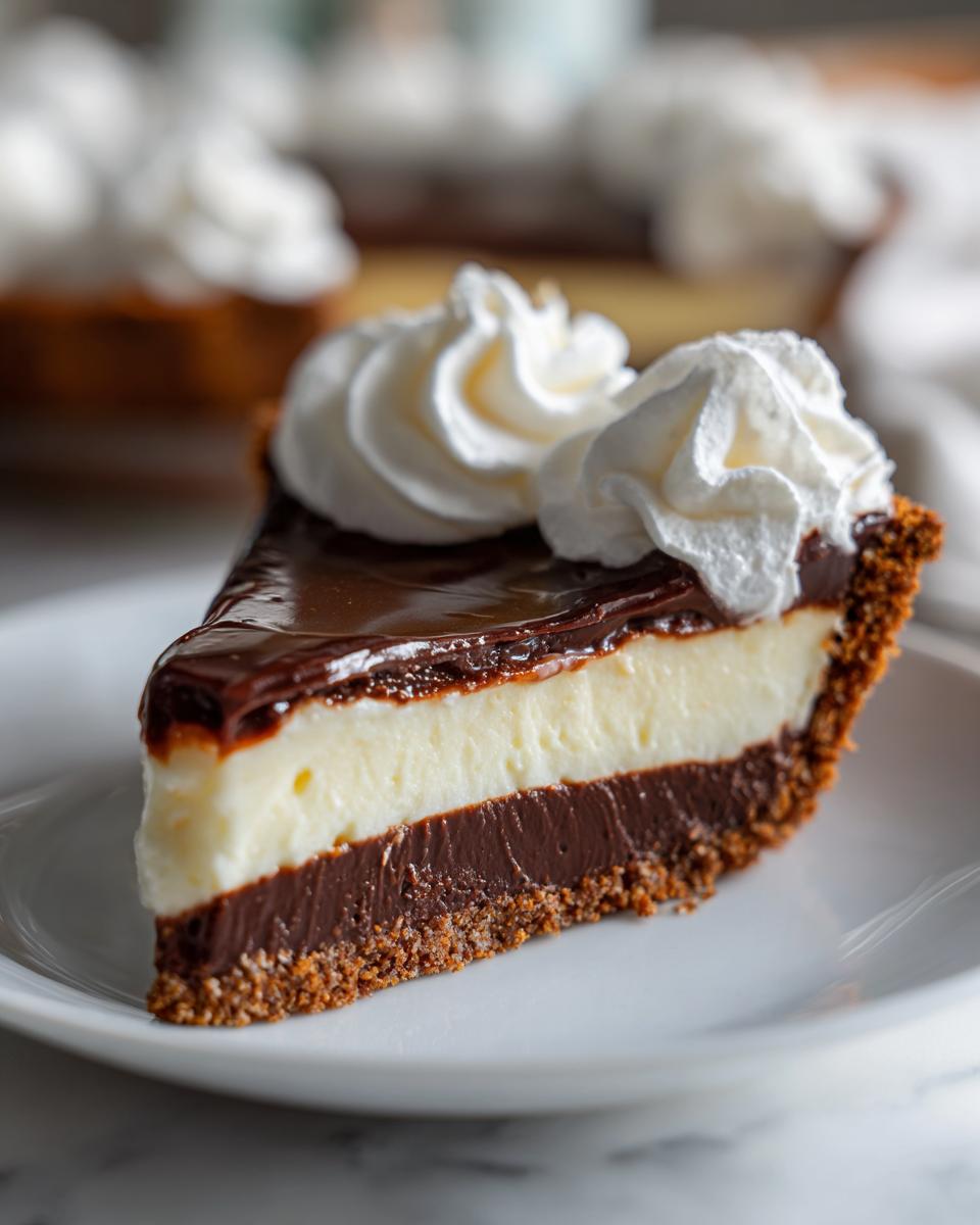 A decadent slice of black bottom pie featuring a chocolate crust, chocolate pudding layer, vanilla custard, and chocolate ganache, topped with whipped cream.