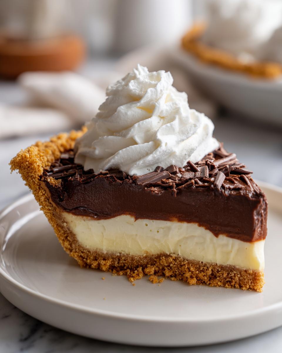 A decadent slice of black bottom pie featuring a graham cracker crust, creamy filling, rich chocolate topping, and whipped cream.