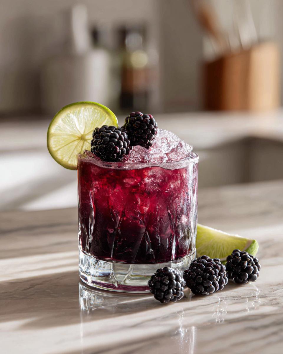 A vibrant Blackberry Margarita cocktail in a glass, garnished with fresh blackberries and a lime slice.