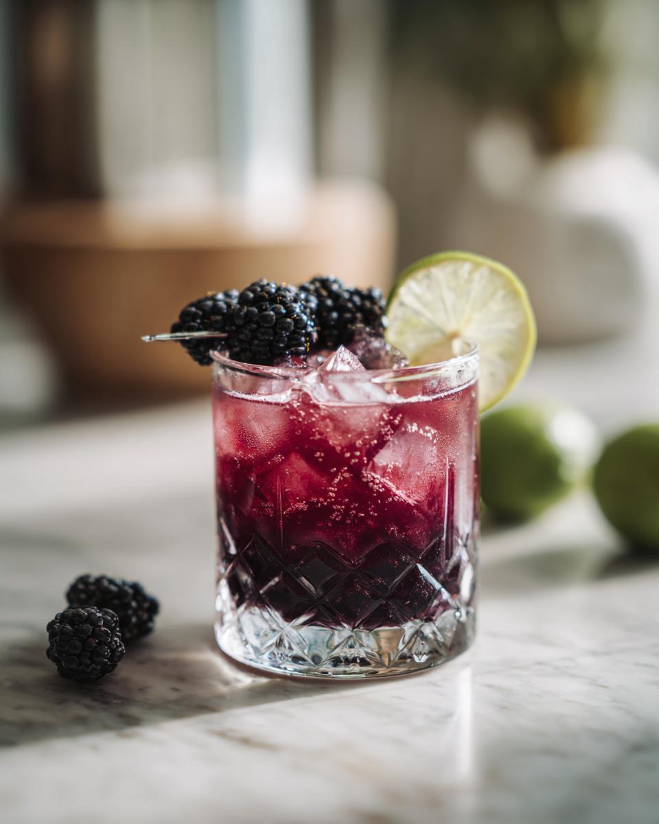 A vibrant Blackberry Margarita cocktail in a glass with ice, fresh blackberries, and a lime wedge garnish.