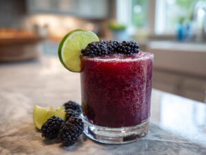 A vibrant blackberry margarita cocktail garnished with fresh blackberries and a lime wedge.