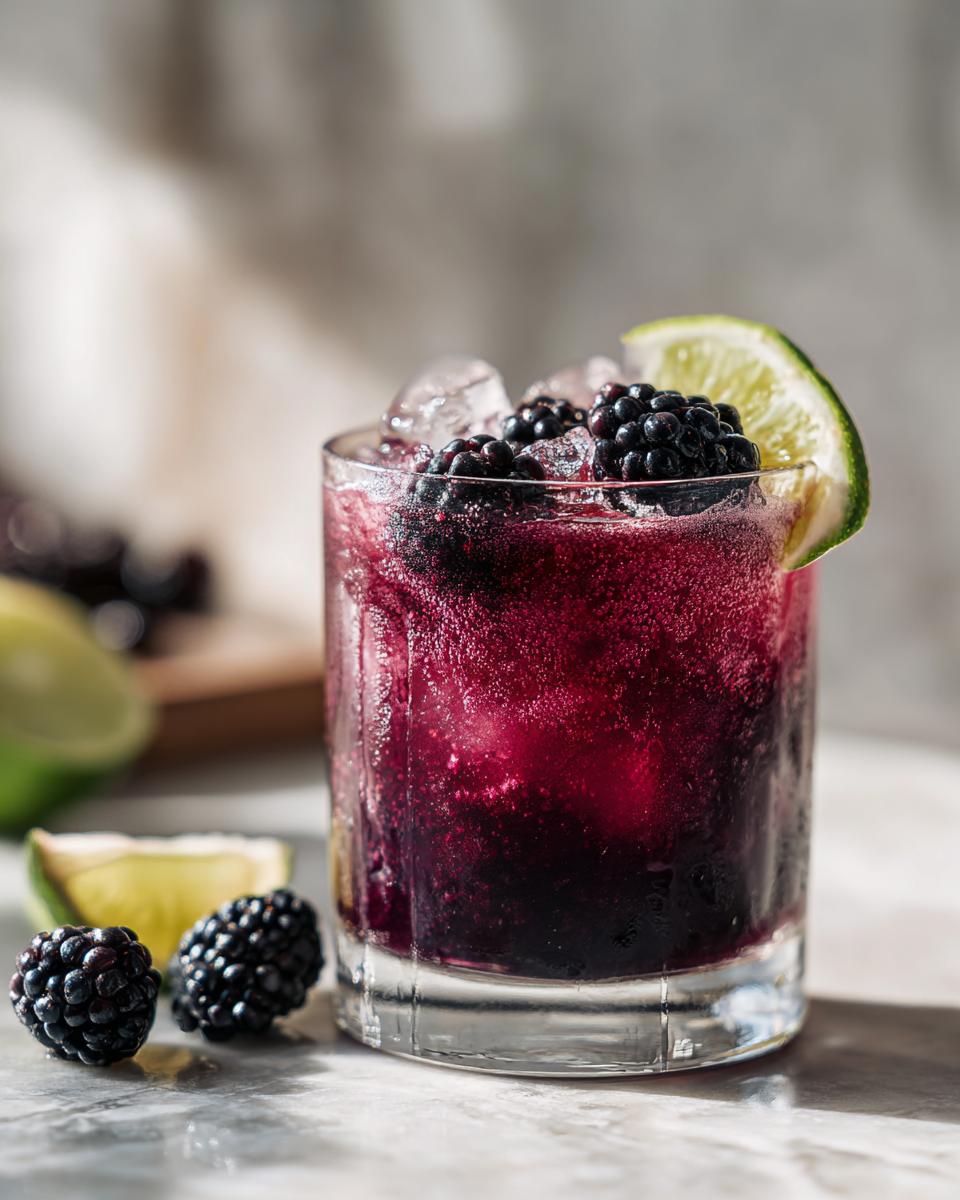 A vibrant blackberry margarita cocktail in a glass, garnished with fresh blackberries, lime, and ice.