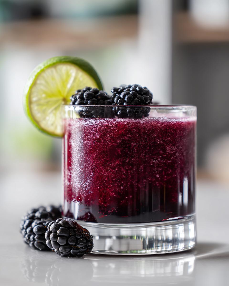 A vibrant blackberry margarita in a glass, garnished with fresh blackberries and a lime slice.