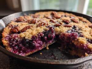 A slice of warm Blueberry Pecan Cobbler with a crumb topping and whole pecans in a cast iron skillet.