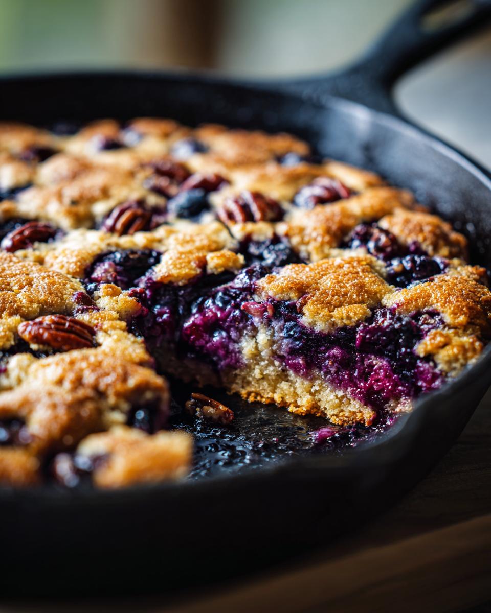 A slice of warm blueberry pecan cobbler is lifted from a cast iron skillet, revealing juicy blueberries and toasted pecans.