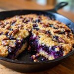 A slice taken out of a warm Blueberry Pecan Cobbler baked in a cast iron skillet, showing juicy blueberries and crunchy pecans.