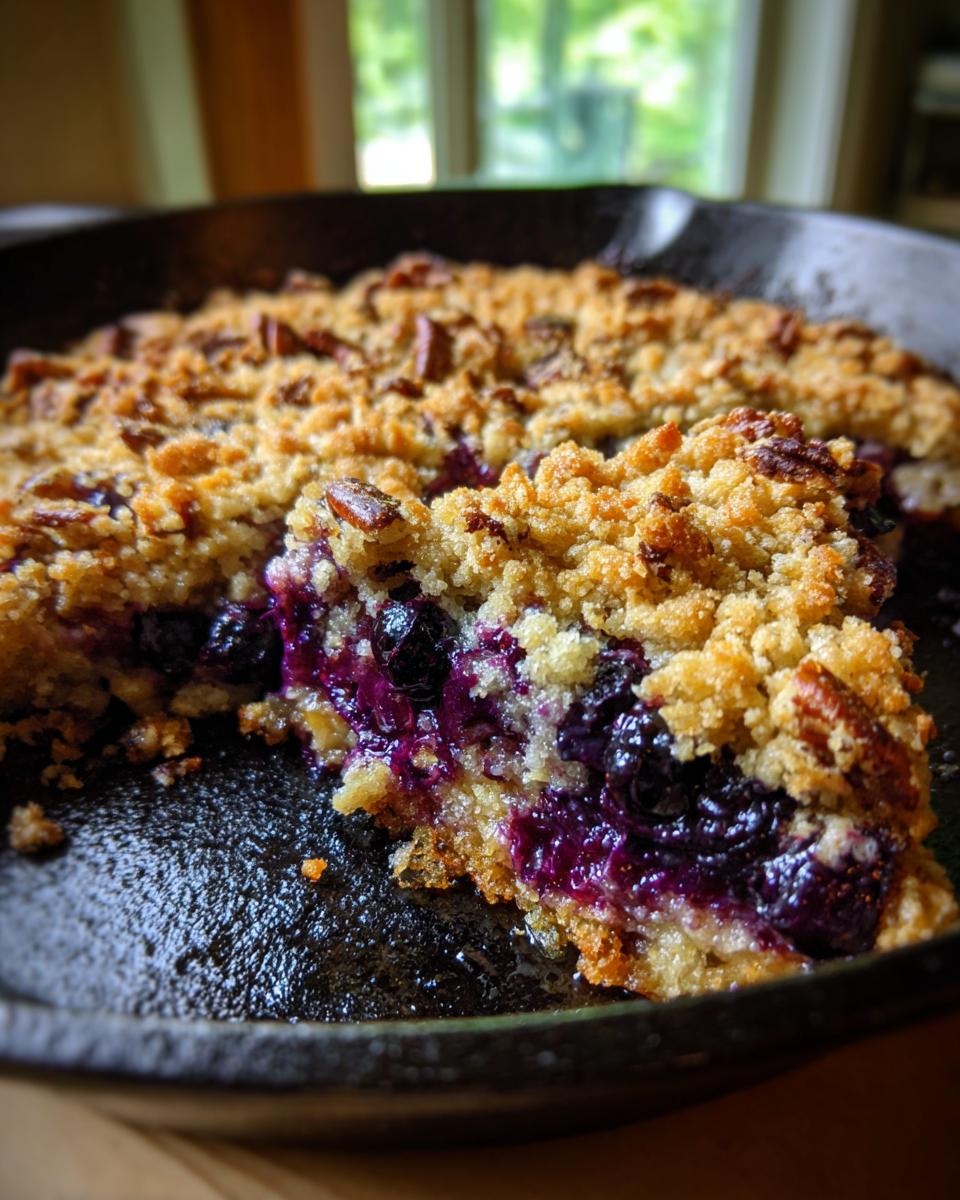 A close-up of a slice of warm blueberry pecan cobbler in a cast iron skillet, showing juicy blueberries and a crumbly topping.