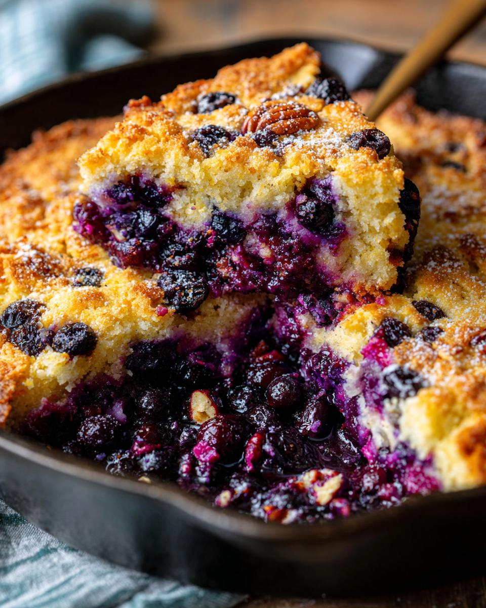 A close-up of a slice of blueberry pecan cobbler being lifted from a cast iron skillet, showing juicy blueberries and crunchy pecans.