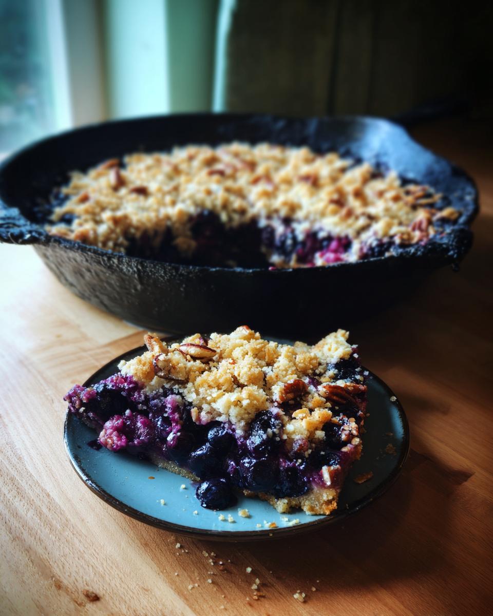 A generous slice of homemade blueberry pecan cobbler with a crumbly topping, served on a blue plate.