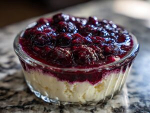 Close-up of a creamy Blueberry Vanilla Bean Panna Cotta topped with a rich blueberry compote, served in a clear glass dish.