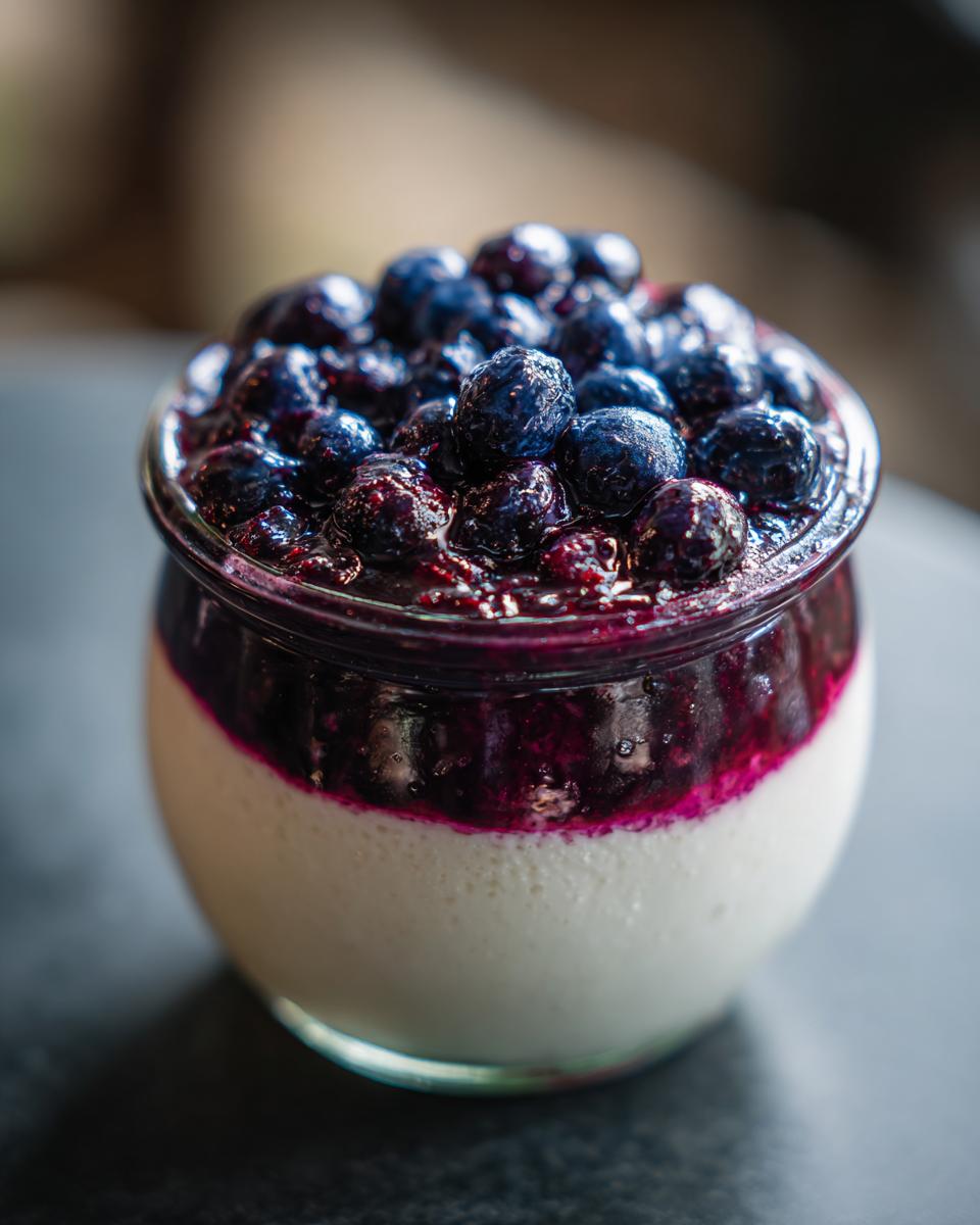 A close-up of a creamy Blueberry Vanilla Bean Panna Cotta topped with fresh blueberries and syrup in a glass jar.