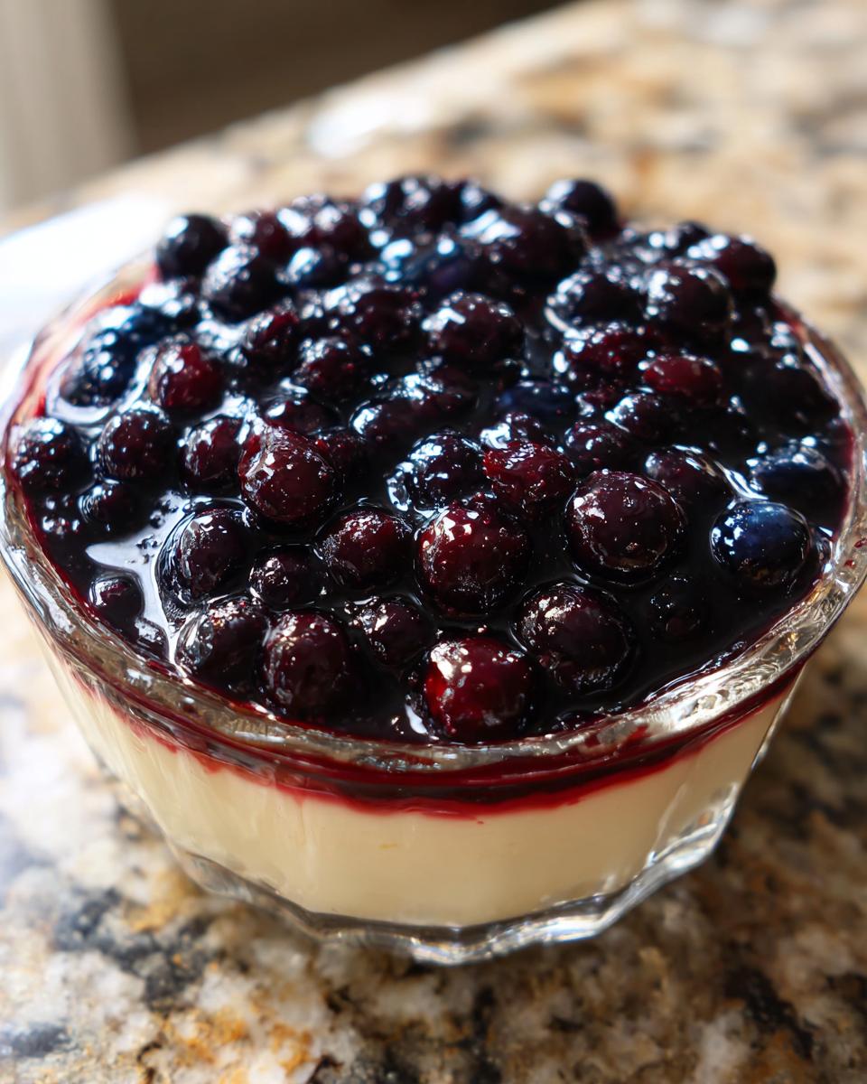 Close-up of a creamy Blueberry Vanilla Bean Panna Cotta topped with fresh blueberries and syrup.
