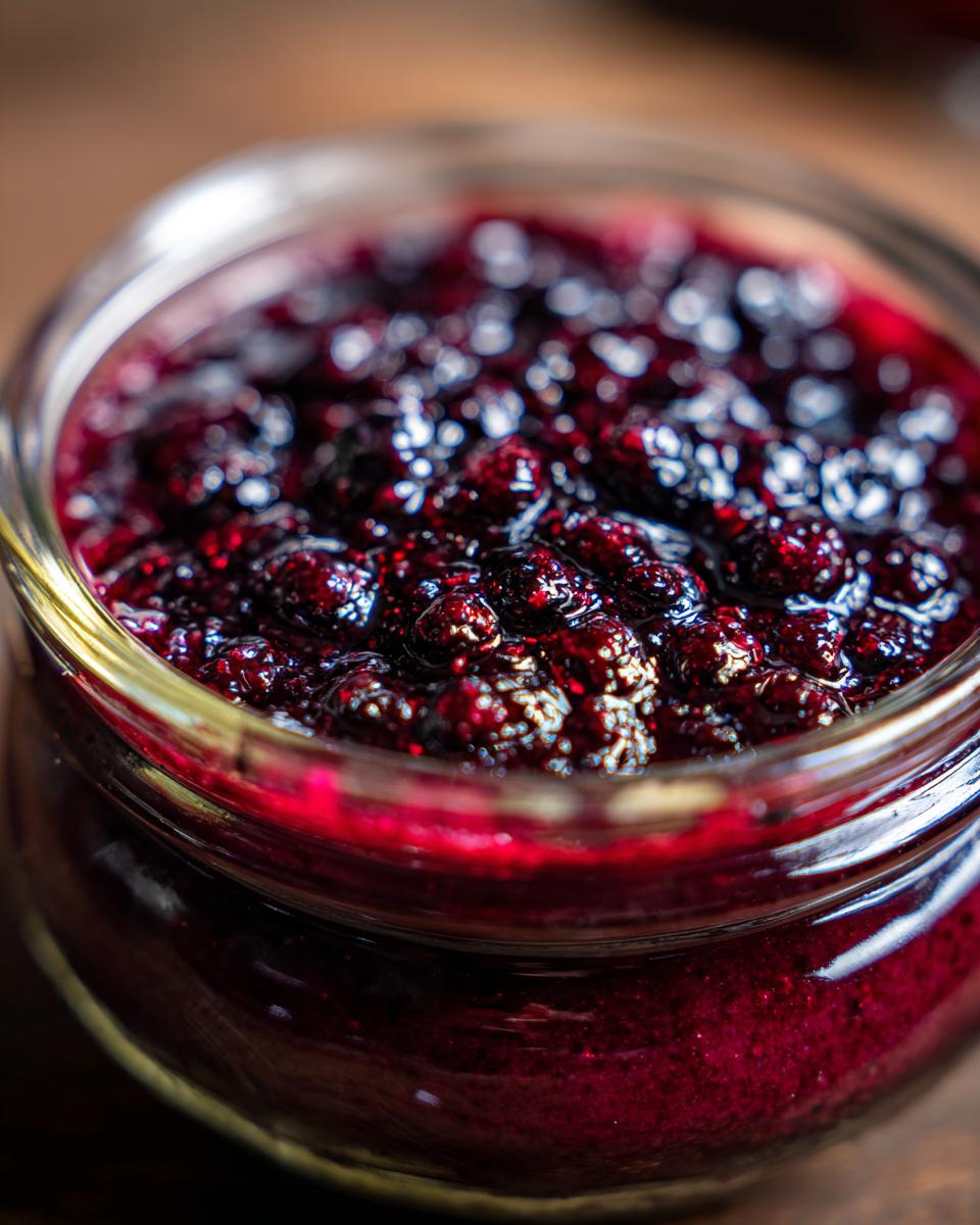 Close-up of a jar filled with glistening blueberry topping for Blueberry Vanilla Bean Panna Cotta.