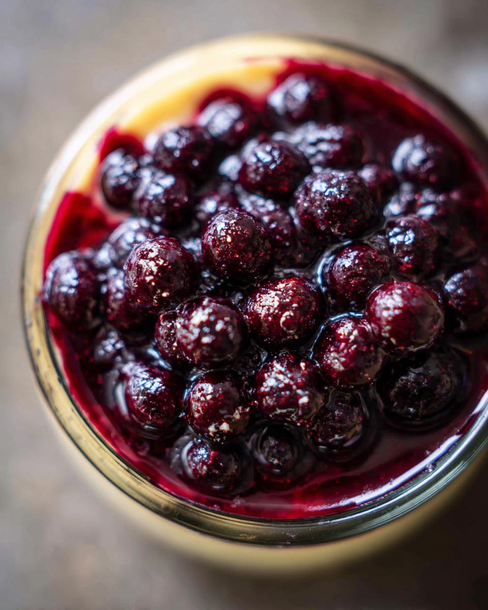 Close-up of a glass jar filled with glistening blueberries and rich blueberry sauce, topping a creamy Blueberry Vanilla Bean Panna Cotta.