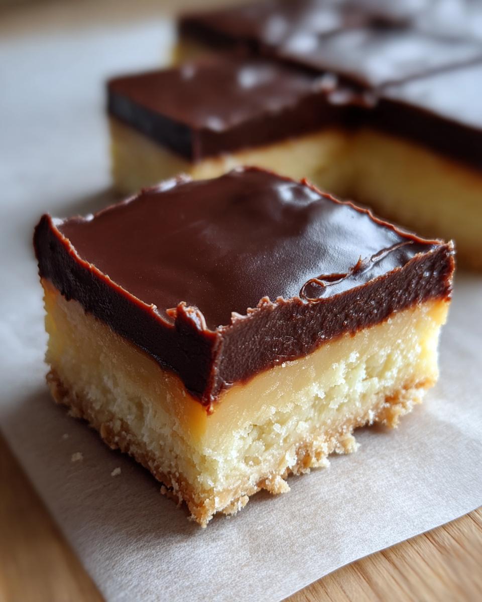 Close-up of a Boston Cream Pie Fudge bar with a chocolate topping and caramel layer on a shortbread crust.