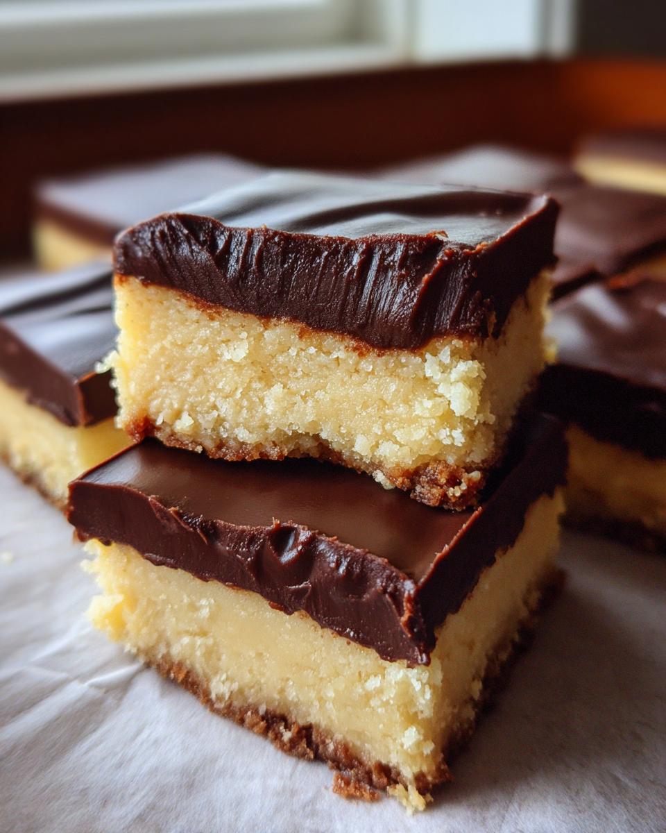Close-up of two stacked slices of Boston cream pie fudge, showcasing the creamy yellow filling and rich chocolate topping.