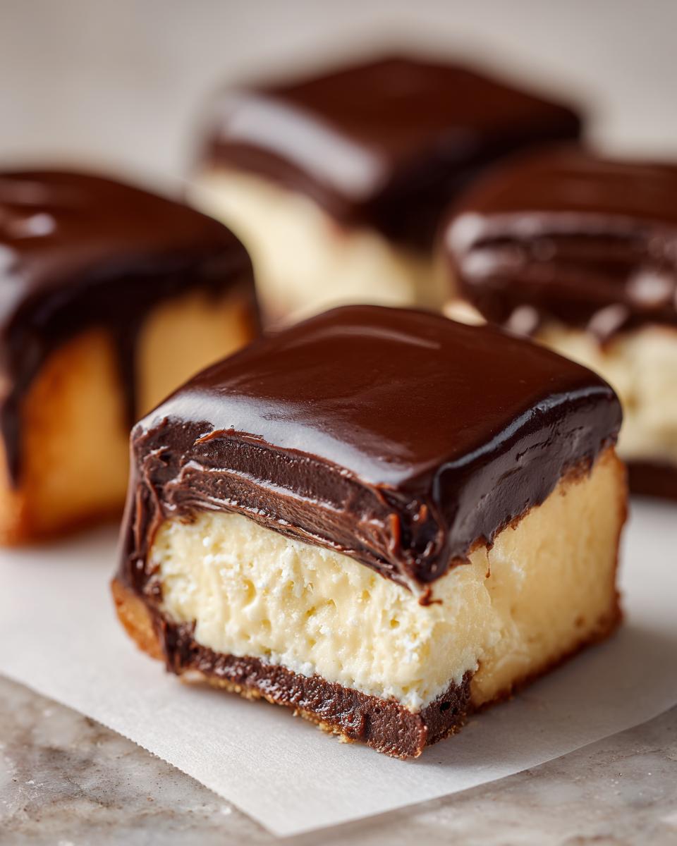 Close-up of a square of Boston Cream Pie Fudge, showing layers of chocolate crust, creamy filling, and rich chocolate ganache.