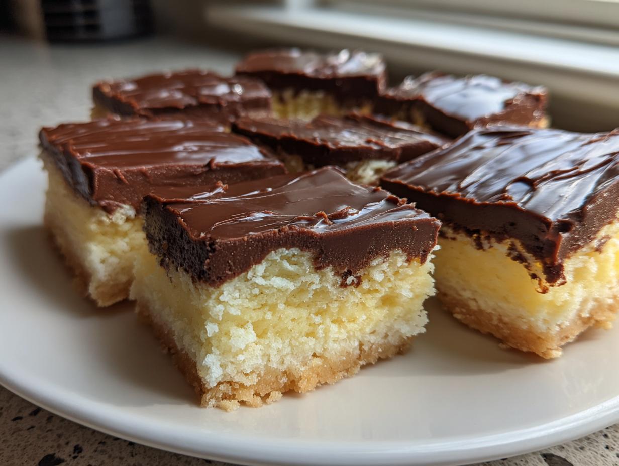 Close-up of several squares of Boston Cream Pie Fudge on a white plate, showing the layers of cake, cream filling, and chocolate topping.