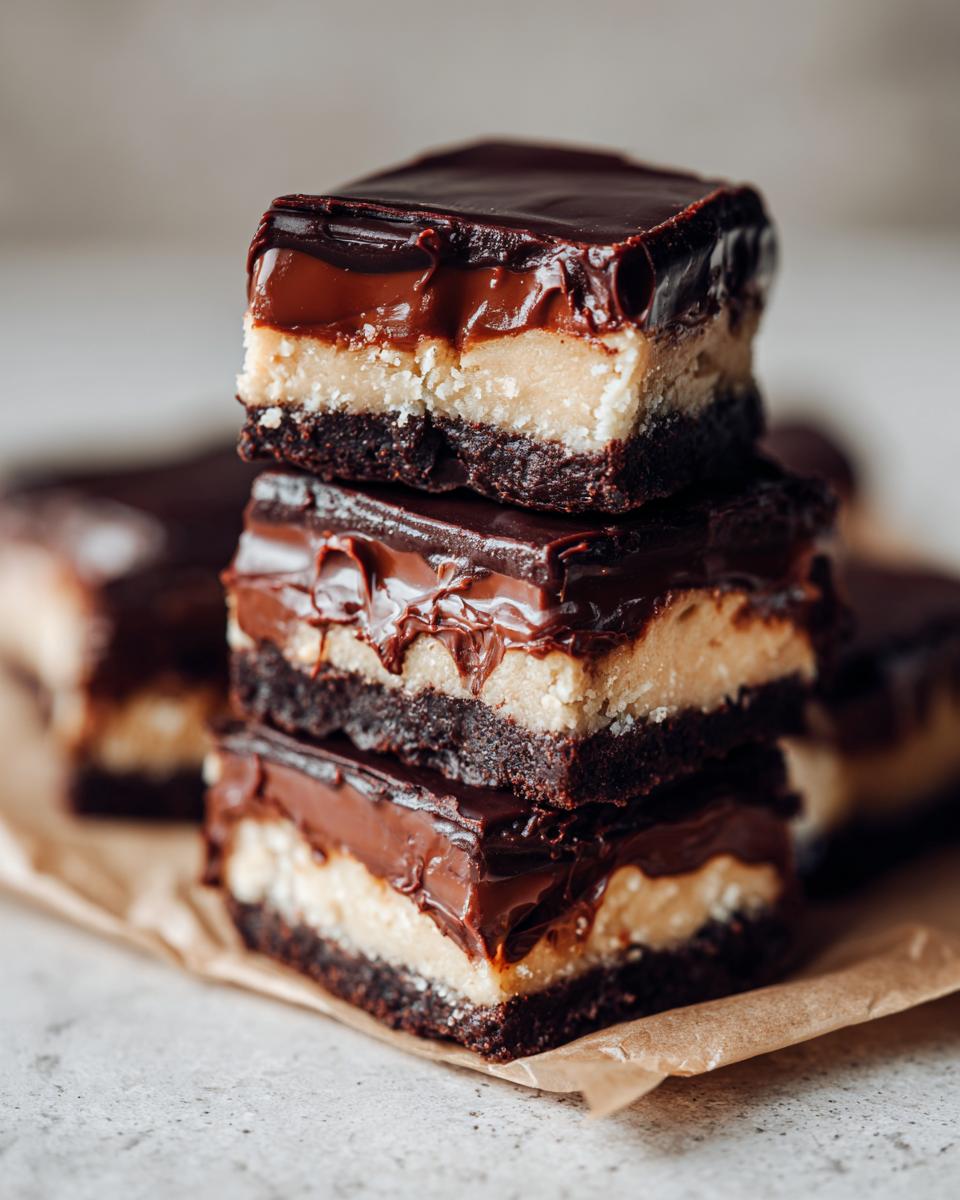 A stack of three rich Boston Cream Pie Fudge bars, showcasing layers of chocolate, cream, and fudge.