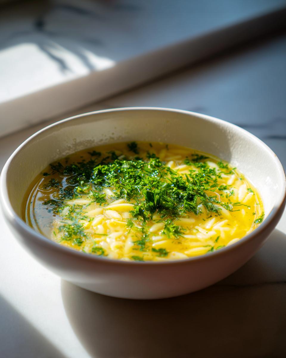 A close-up of a bowl of bright yellow pastina soup topped generously with chopped fresh parsley.