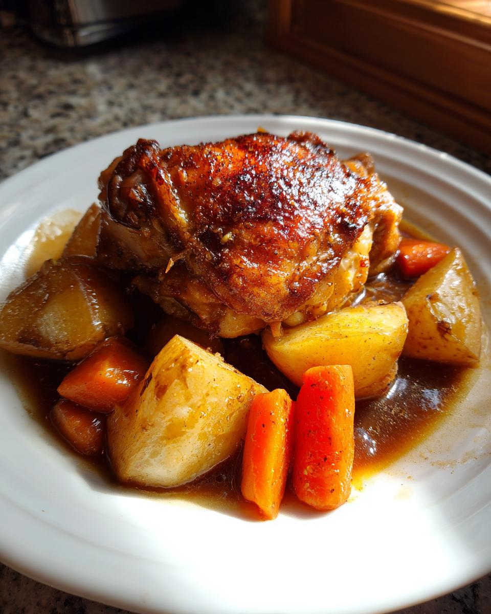 A single serving of braised chicken thighs with a crispy skin, served over potatoes and carrots in rich sauce.