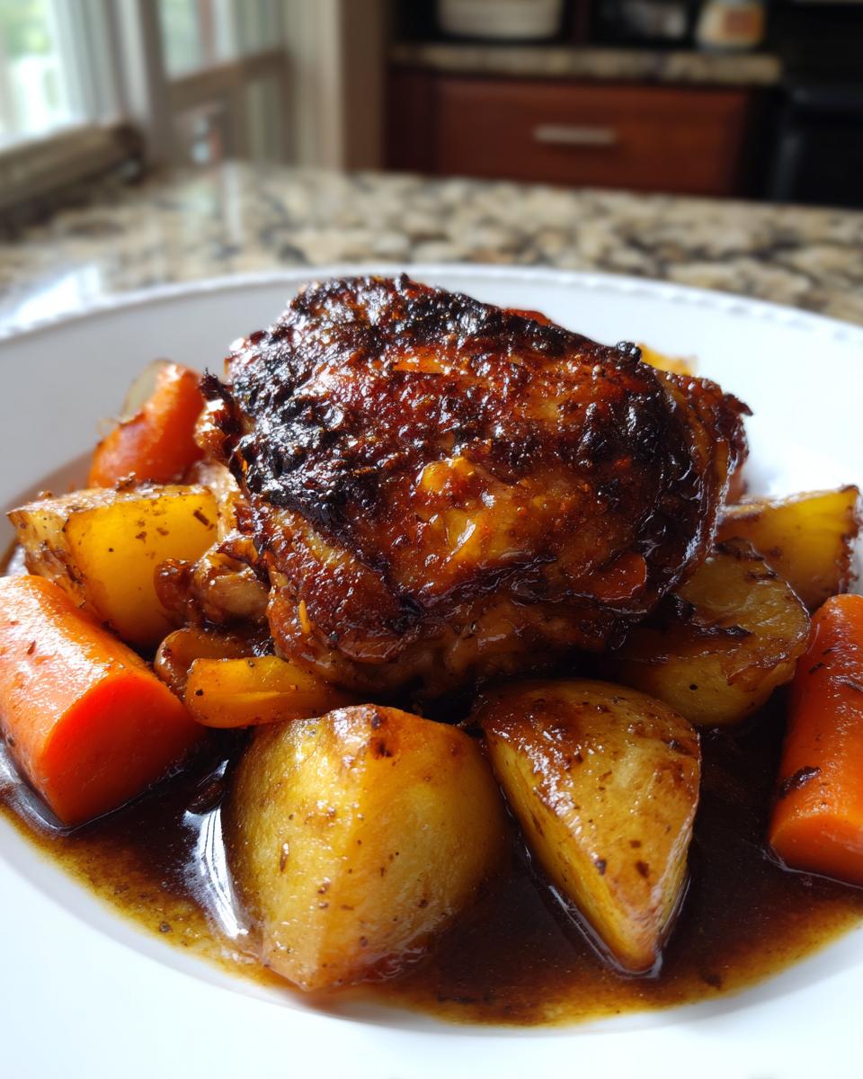 A close-up of a serving of braised chicken thighs with potatoes and carrots in a rich brown sauce.