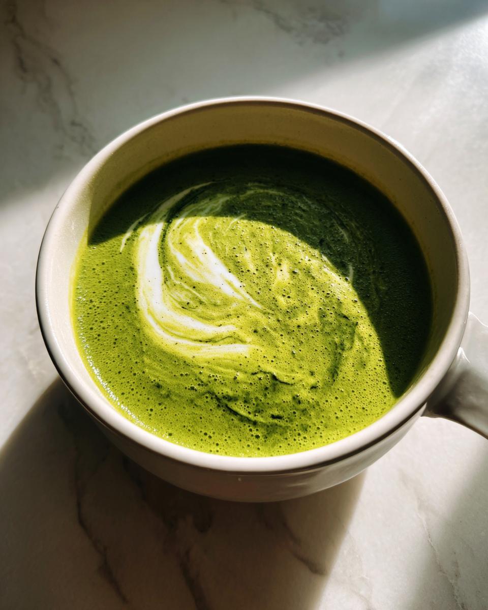 Overhead view of a bowl of bright green zucchini soup topped with a white cream swirl.