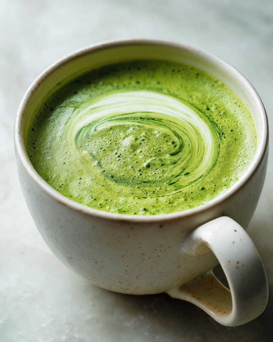 Close-up of a bright green, frothy liquid, resembling zucchini soup, swirled with cream in a speckled white mug.