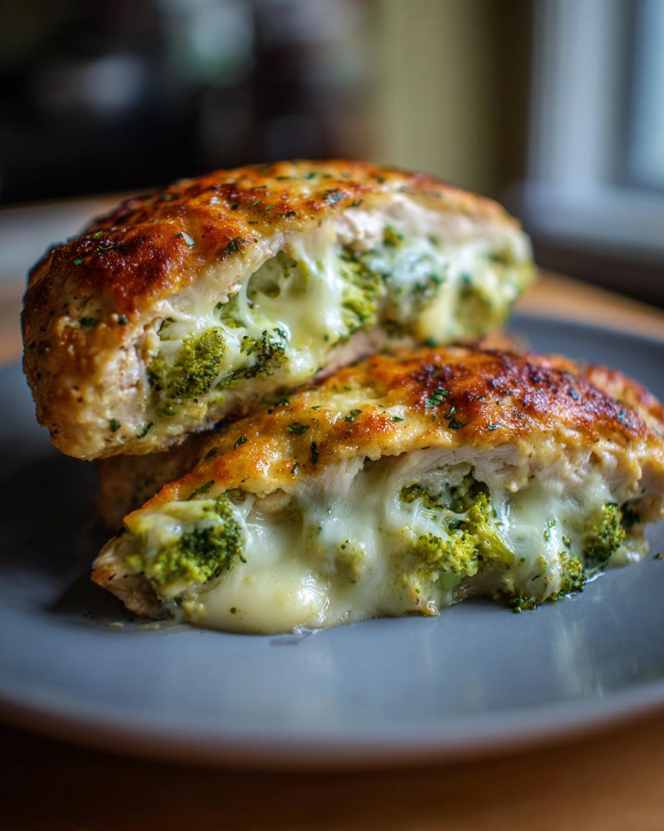 Close-up of a juicy broccoli cheese stuffed chicken breast, showing melted cheese oozing out.