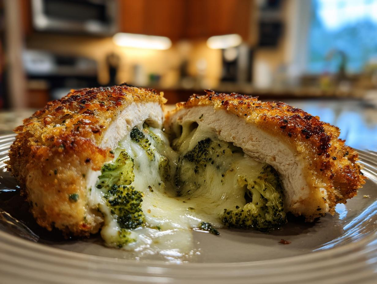A close-up of a juicy broccoli cheese stuffed chicken breast, cut in half to reveal melted cheese and broccoli florets.