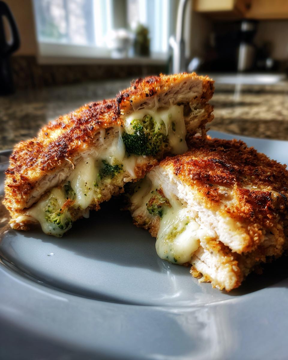 A close-up of delicious broccoli cheese stuffed chicken, cut in half to reveal melted cheese and broccoli inside the crispy breaded chicken.