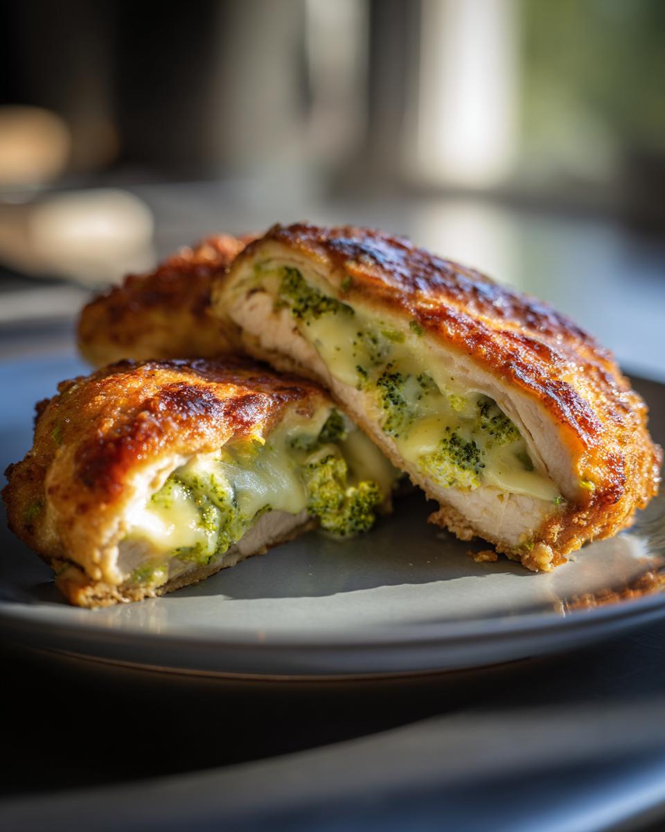 A close-up of a golden-brown broccoli cheese stuffed chicken cutlet, split open to reveal melted cheese and broccoli florets.