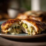 Close-up of a juicy broccoli cheese stuffed chicken breast, cut in half, with melted cheese oozing out.