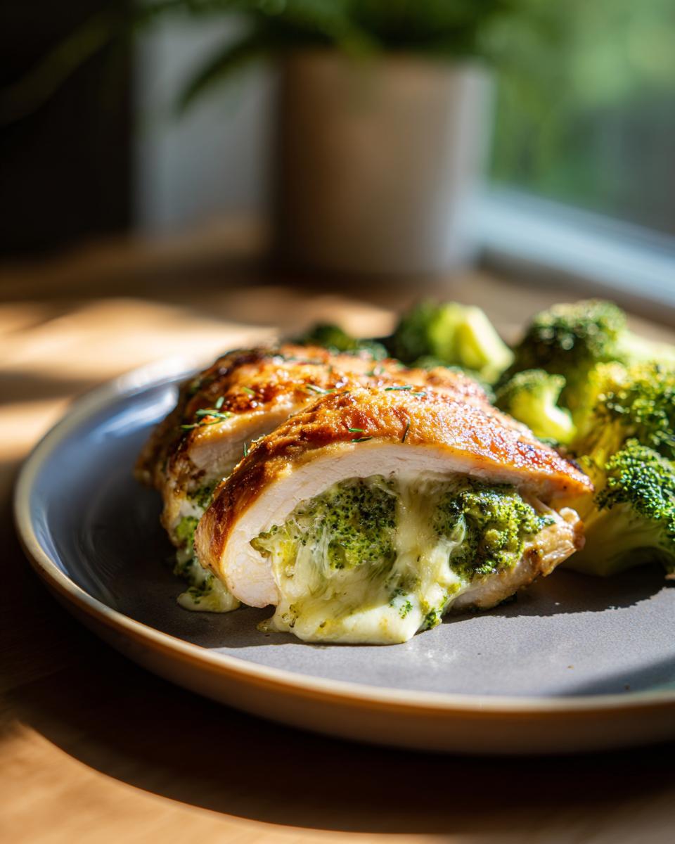 A close-up of delicious broccoli cheese stuffed chicken, with melted cheese oozing out, served with steamed broccoli.