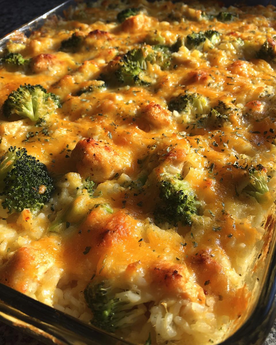 Close-up of a bubbling Broccoli Rice Chicken Casserole topped with melted cheese and herbs.