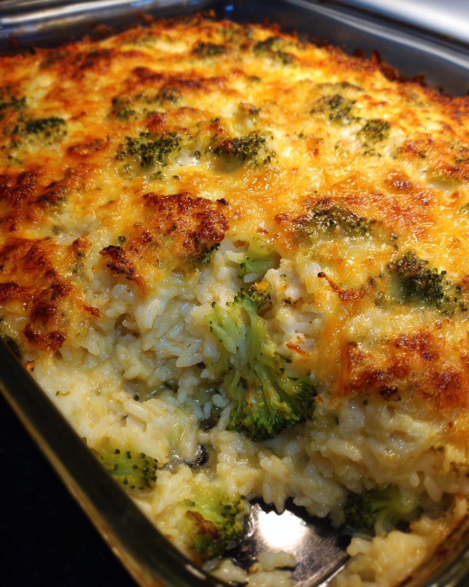 Close-up of a bubbly, golden-brown Broccoli Rice Chicken Casserole topped with melted cheese and visible broccoli florets.