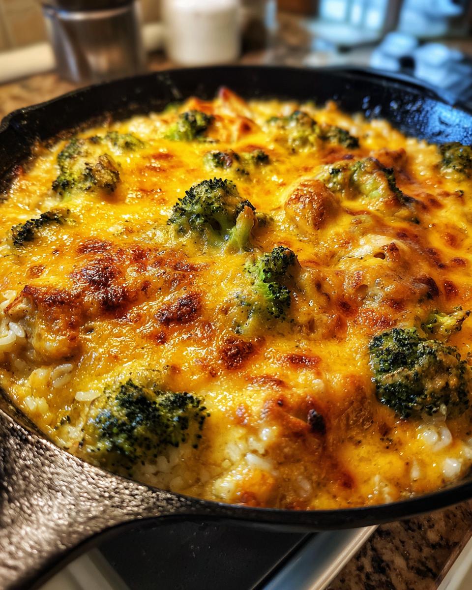 Close-up of a bubbling broccoli rice chicken casserole topped with melted, golden-brown cheese in a cast iron skillet.